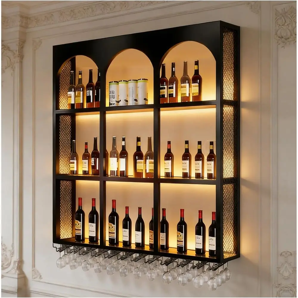 

3-Tier LED-Lit Wine Rack with Glass Holder, 47.2in French-Style Home Bar Shelf