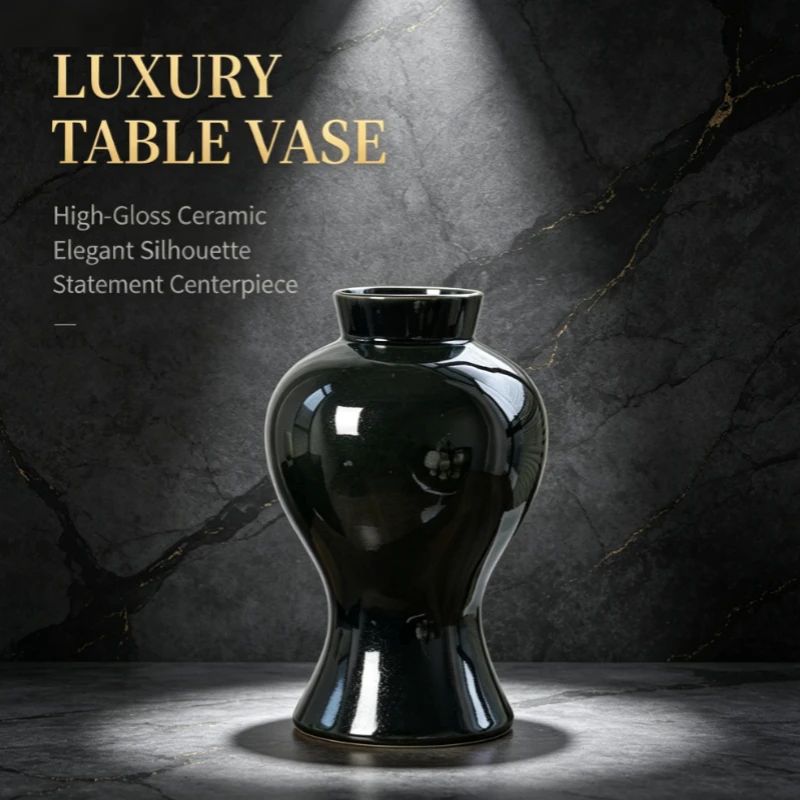 Modern Black Ceramic Vase, 30cm Tall with Glossy Finish, Ideal for Home Decor & Floral Arrangements