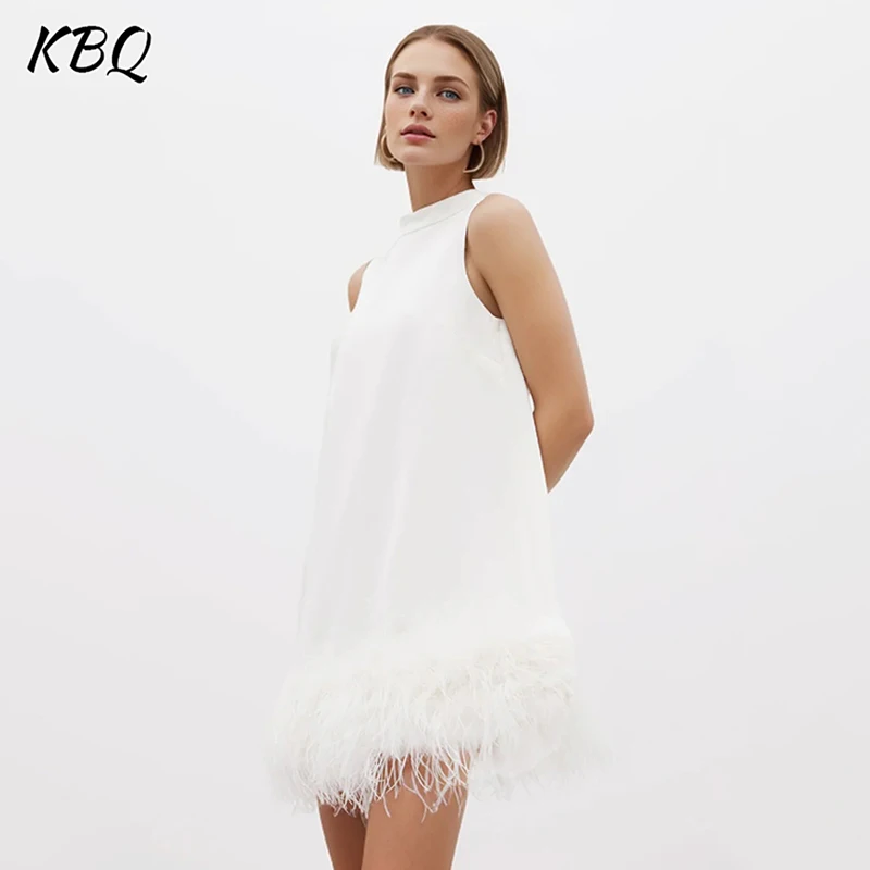 

KBQ Solid Patchwork Feathers Mini Dresses For Women Stand Collar Sleeveless High Waist Minimalist Loose Dress Female Fashion New