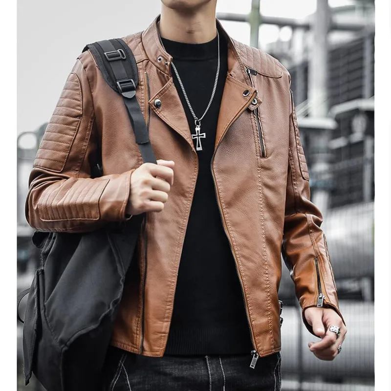 2023 New Top Plush PU Leather Jacket for Men's Autumn and Winter Motorcycle Standing Collar Motorcycle Work Jacket