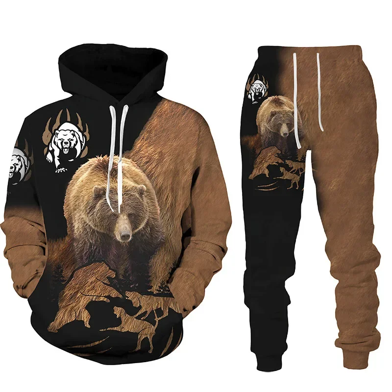 Men Clothing For Hoodies Suit Animals Bear 3D Print Camouflage Tracksuit Pants 2Pcs Sets Long Sleeve Pullover Oversize Suit