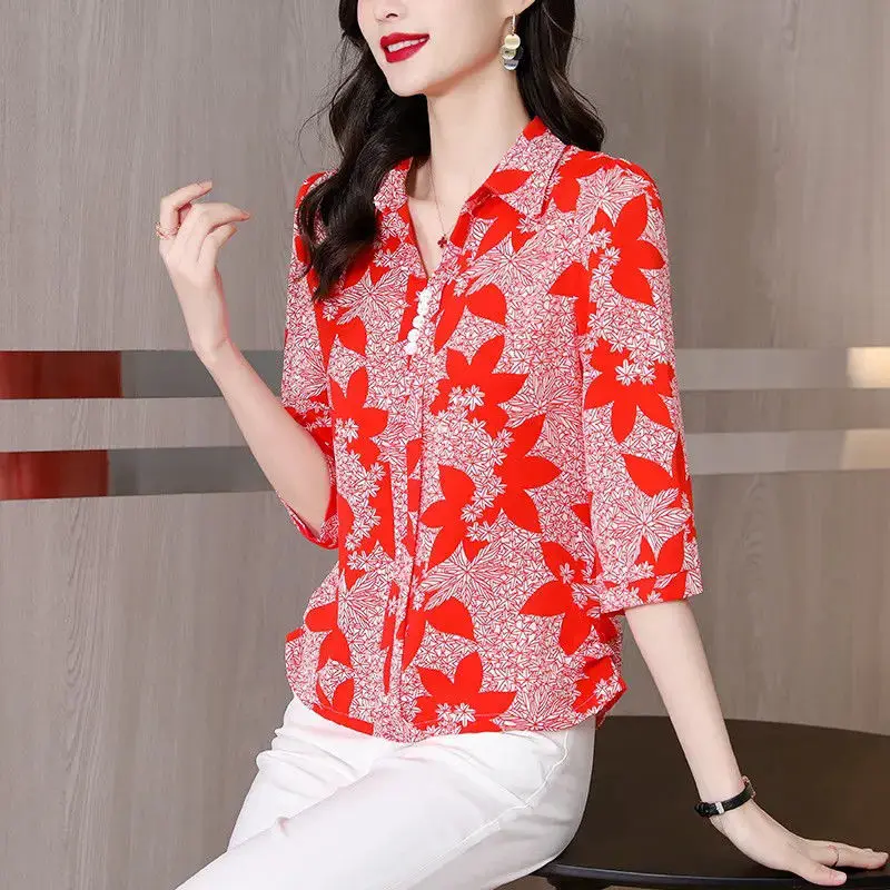 Women Print Korean Style Elegant Blouses Spring Summer Turn Down Collar 3/4 Sleeve Shirts Casual Slim Tops Blusa Mujer Moda 2023