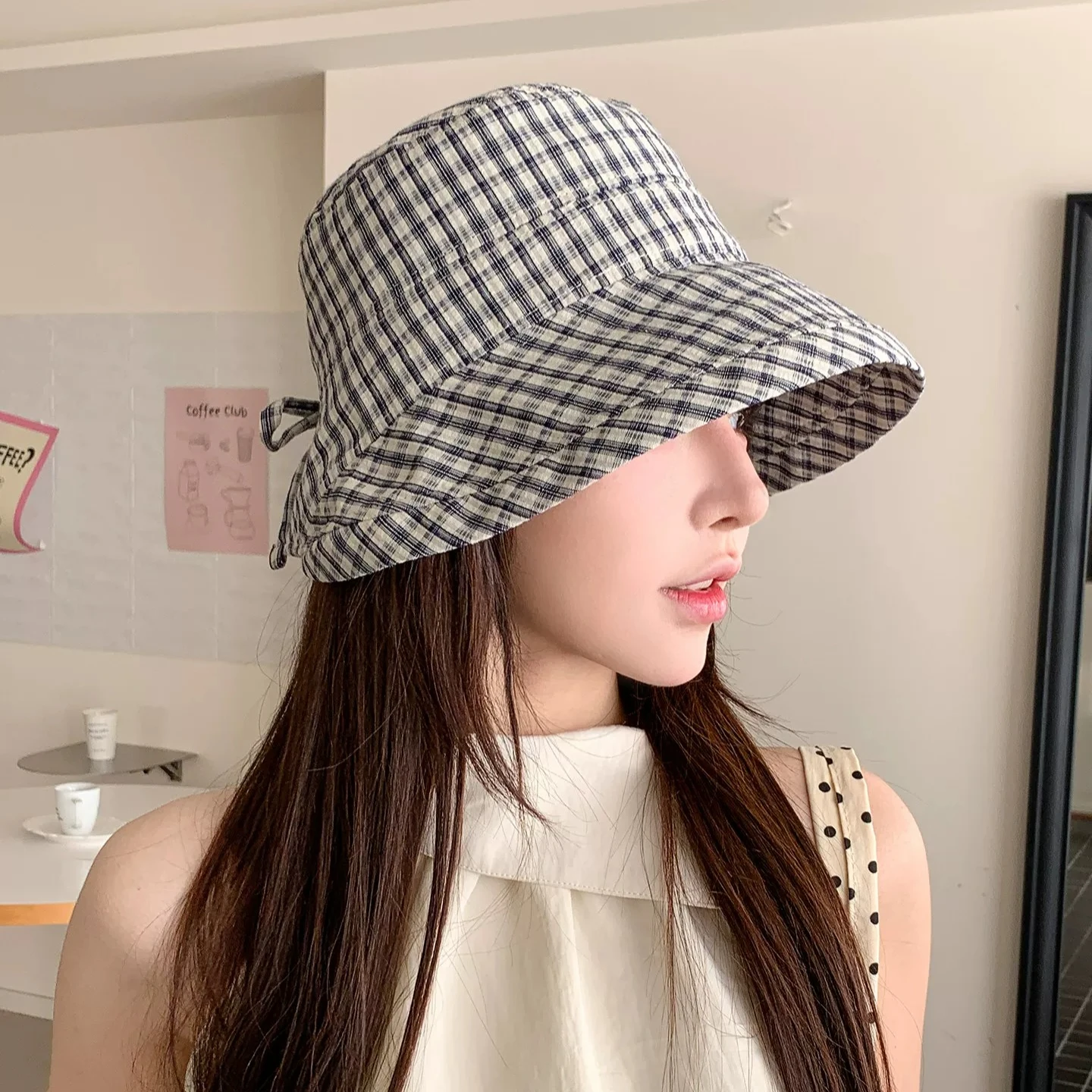 New plaid bucket hat women's large brim sun protection and UV protection sun hat showing face small bucket hat