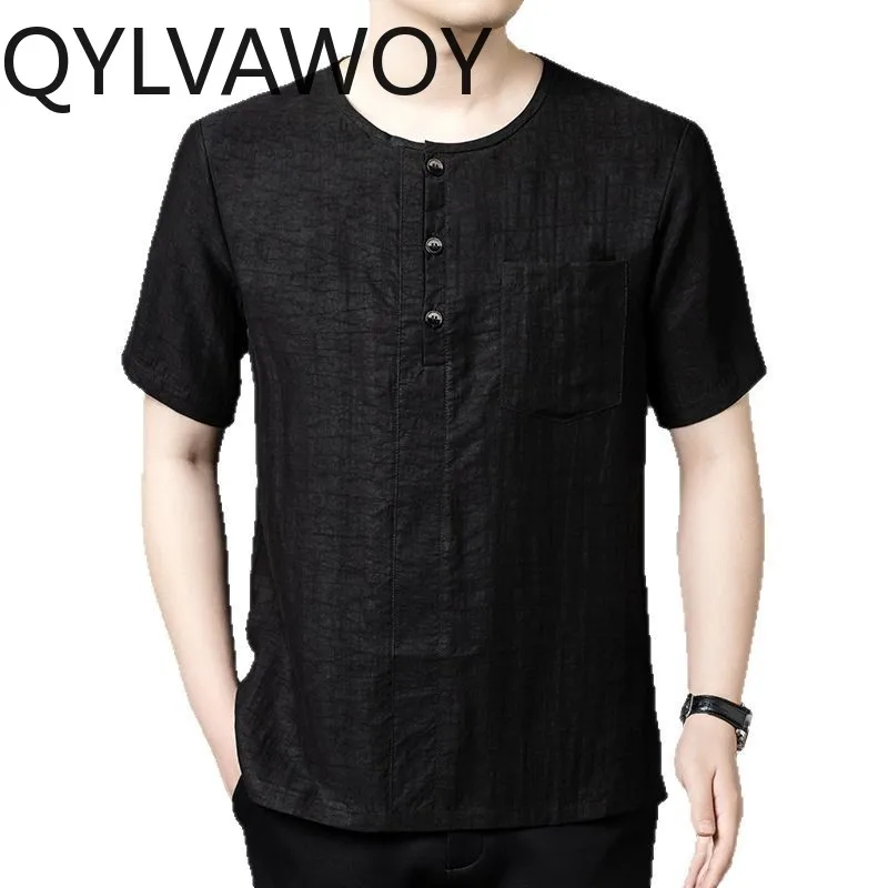 QYLVAWOY 100% Real Mulberry Silk T Shirt for Man Summer New T Shirts Short Sleeve  High Quality Xiangyunsha Shirts Round Collar