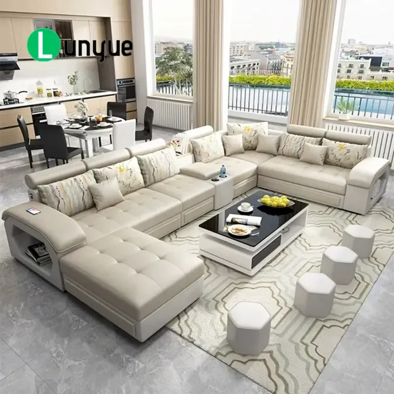 New Large Living Room Multi-Functional Sofa Modern Music U Shaped Fabric Sofa Wholesale Wireless Charging L Shaped Couch