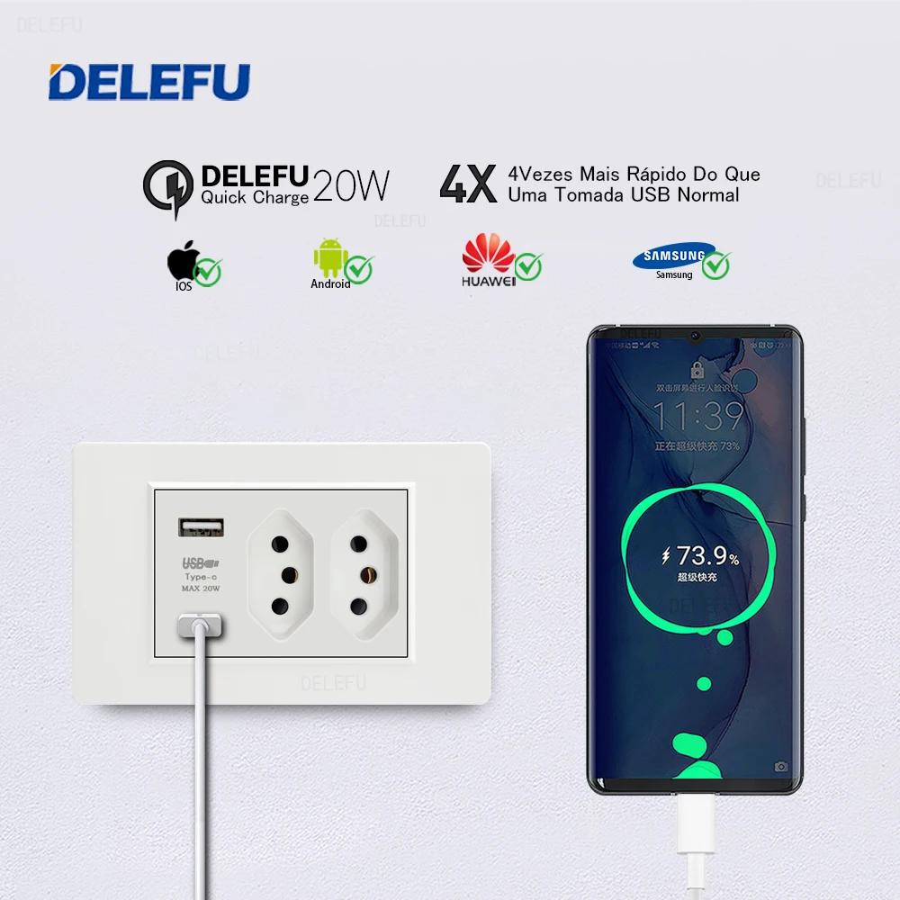 DELEFU 4*2PC Fireproof Brazilian Standard Socket USB C-type Fast Charging Wall Power Socket 10A 20A White Gray Black Gold image 4