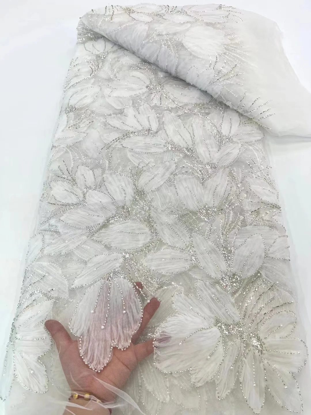 

2026 High Quality African Sequins Beaded Lace Fabric Exquisite Beaded Embroidery French Lace Material for Wedding Dress Sewing