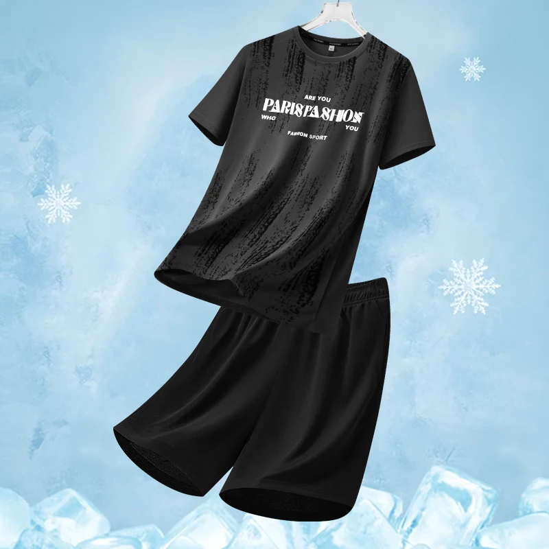 

Ice Silk Sports Sets Men's Summer Casual Quick Dry Letter Print T-Shirt Shorts Two-Piece Suit Set Men Breathable Tracksuit Man