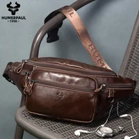 HUMERPAUL-riñonera informal de cuero genuino para hombre, bolso de pecho multifunción para exteriores, bolsa para teléfono, bolso cruzado de viaje