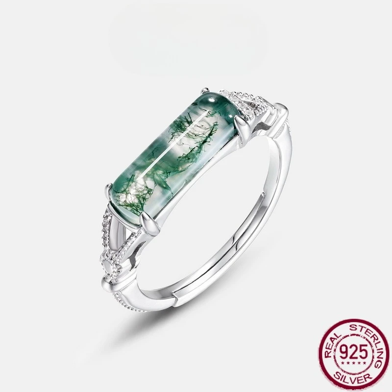 

Новый длинный зеленый моховый камень из чистого серебра S925, инкрустированный агатовым кольцом из травы воды, простые и модные свадебные украшения