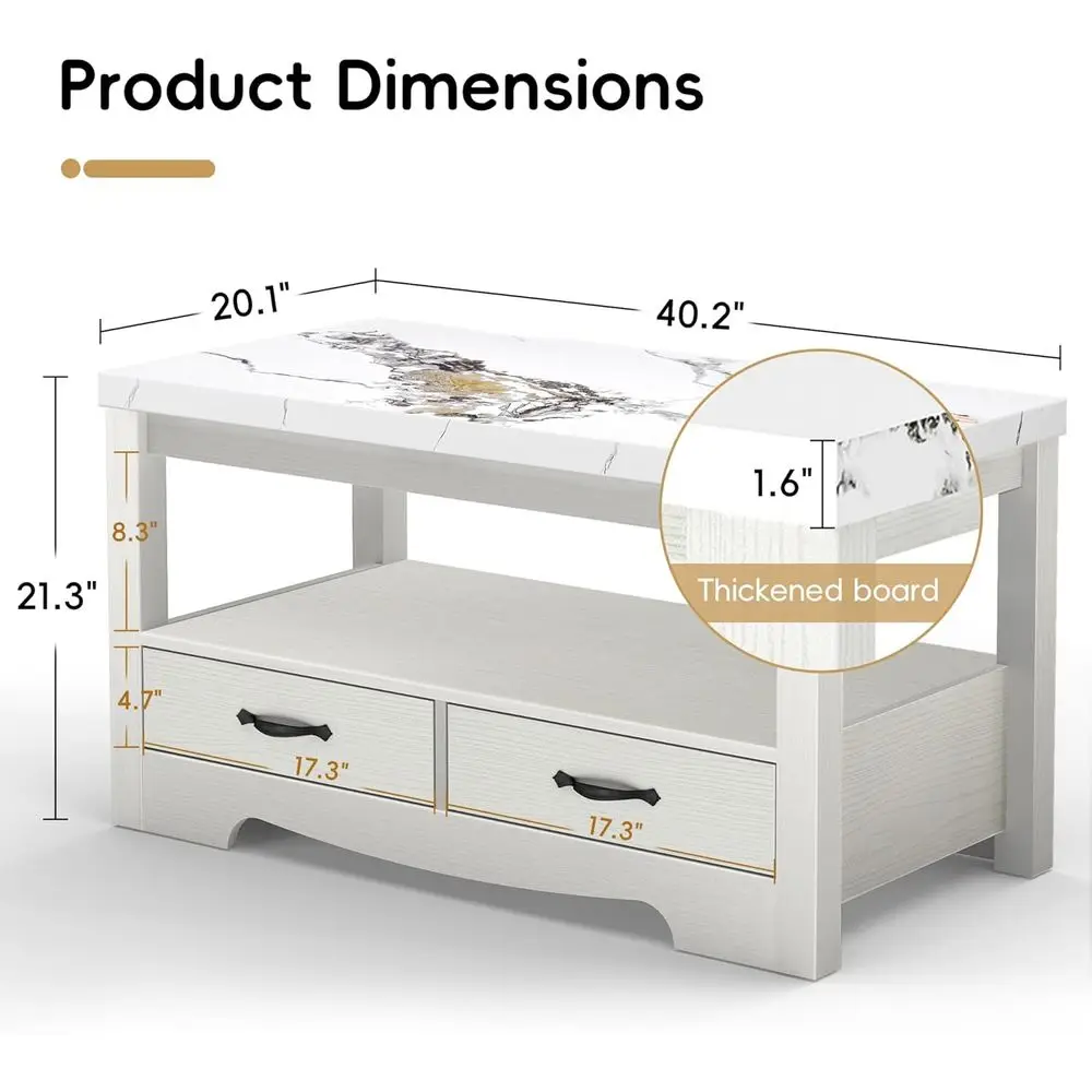 Table basse moderne en faux marbre à 2 niveaux avec tiroirs, design rectangulaire en bois pour salon et salle de conférence, finition chêne blanc,