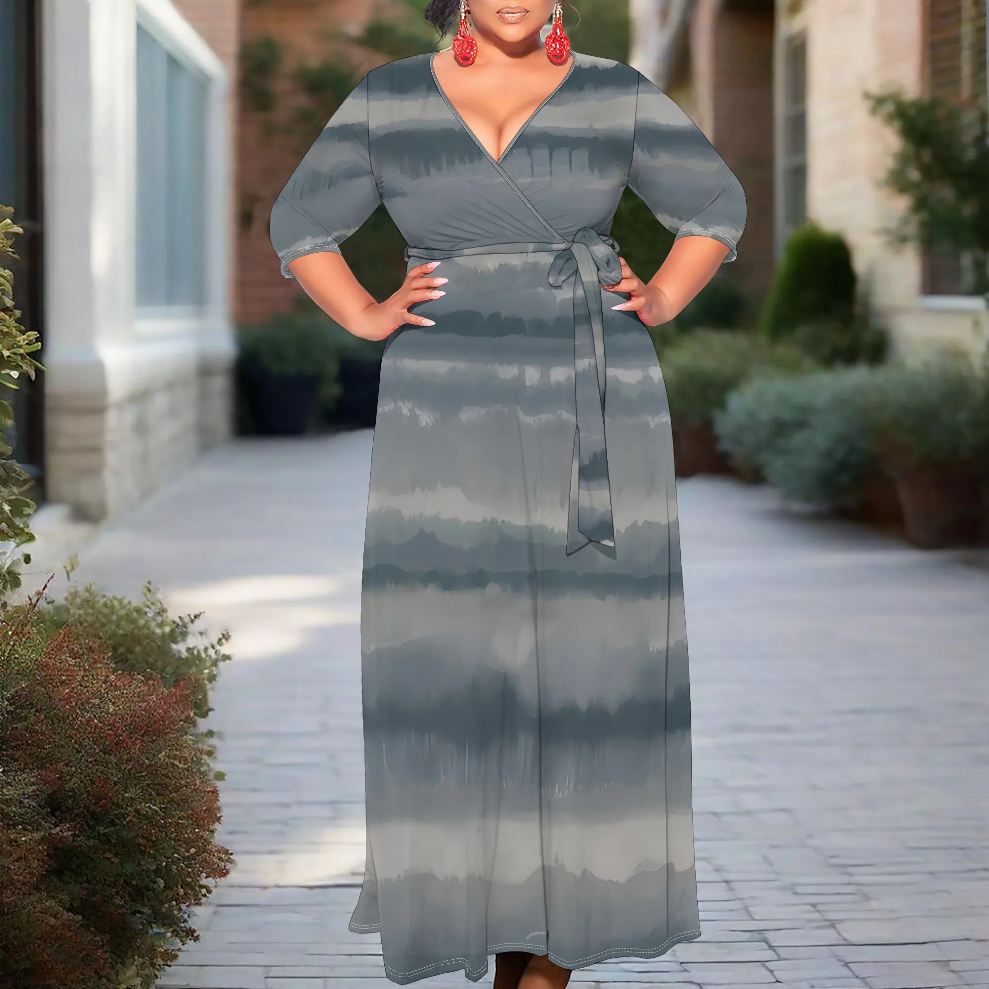 

Plus Size Women's V-Neck Wrap Maxi Dress Half Sleeve Tie-Dye Print Belted Casual Dress Elegant Office Commute Dress XL-6XL