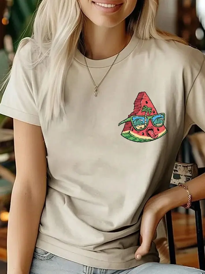 

Summer Refreshing, Watermelon Hand-Painted Elements, Women's Oversized Tee, Y2k Graphic T-Shirt, Cute Hand-Painted Bunny, Korean