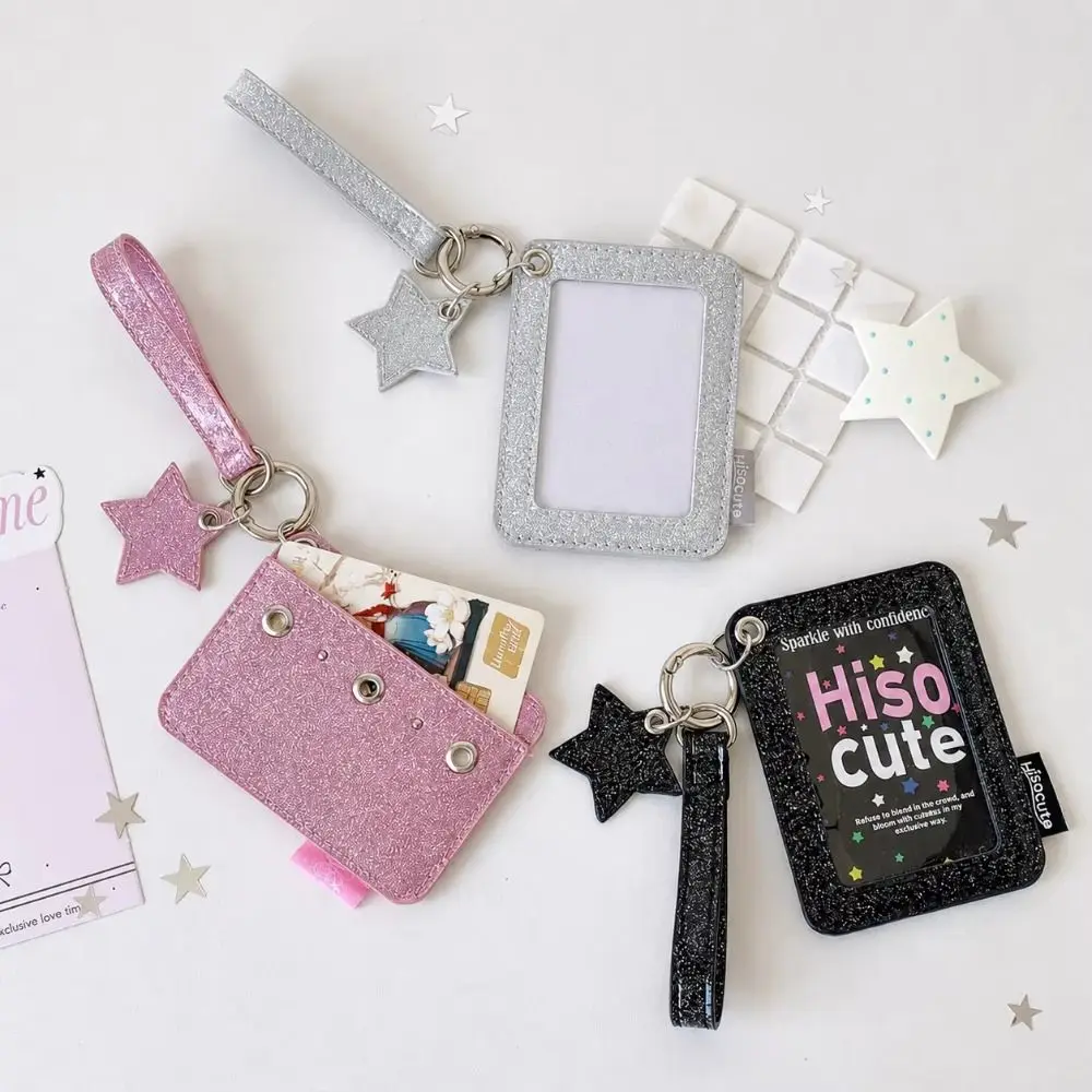 Glitter PU Photocard Holder Shiny Star Charm with Wrist Strap Photocard Case Double Layer Waterproof Keychain Bag Pendant
