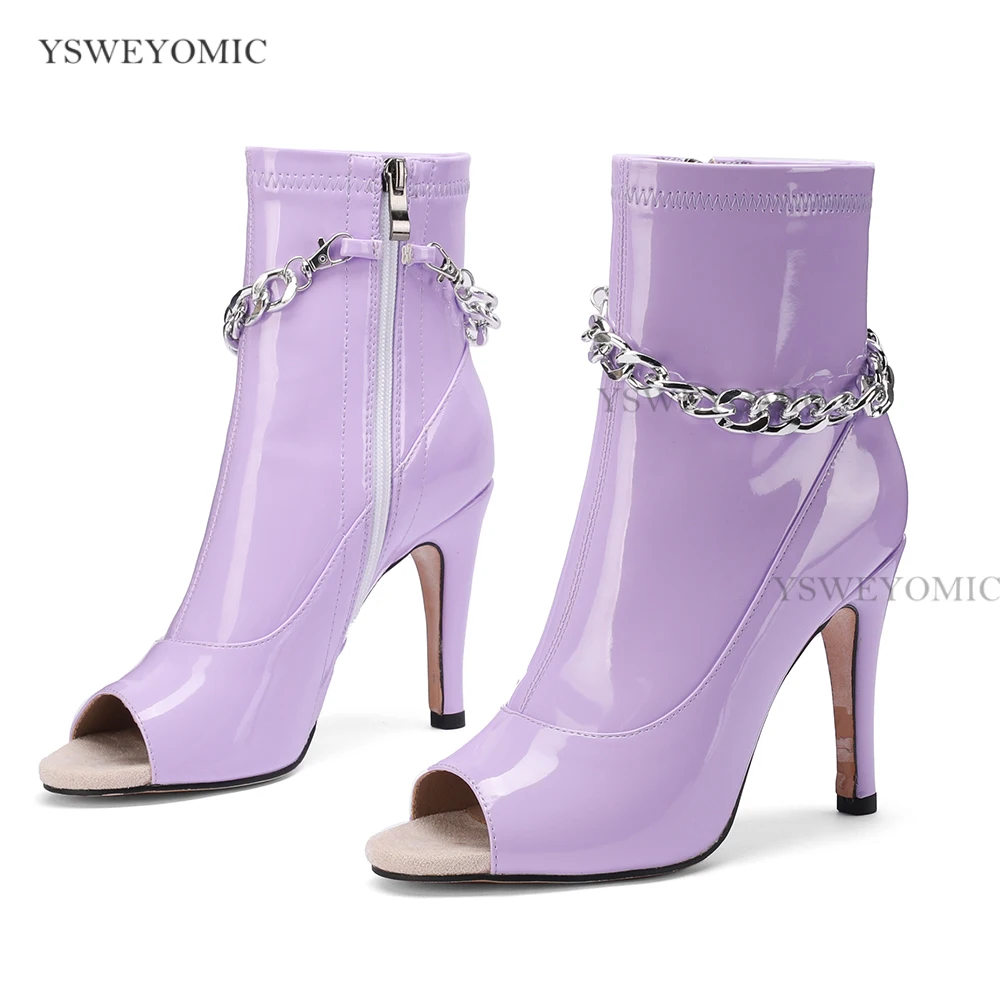 Sparkly Purple Dance Booties Shiny Leather Customized Heel and Outsole Indoor Outdoor Latin High Heels Dance Booties 11cm 9cm