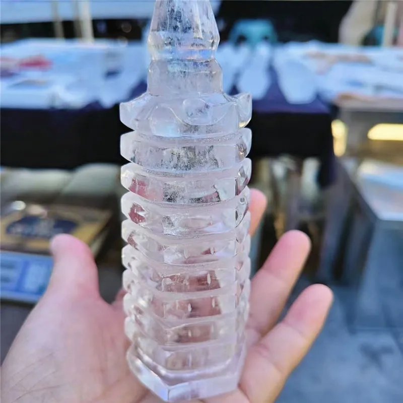 

Natural Crystals Gem Clear Quartz Wenchang Pagoda Chinese Element Feng shui ornaments Carving Gift