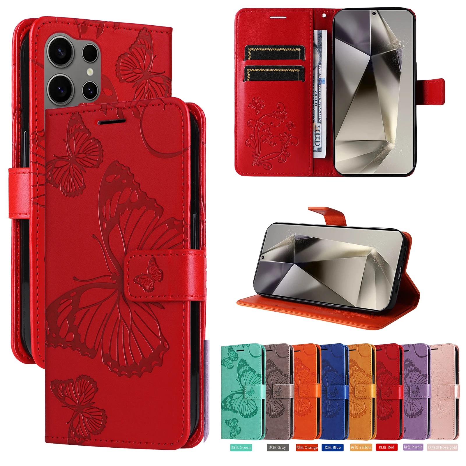 Funda magnética tipo billetera para Samsung Galaxy S26 S25 S24 S23 S22 S21 S20 S10 S9 S8 FE Plus S7 Edge Note 20 Ultra Flip Cover Butterfly