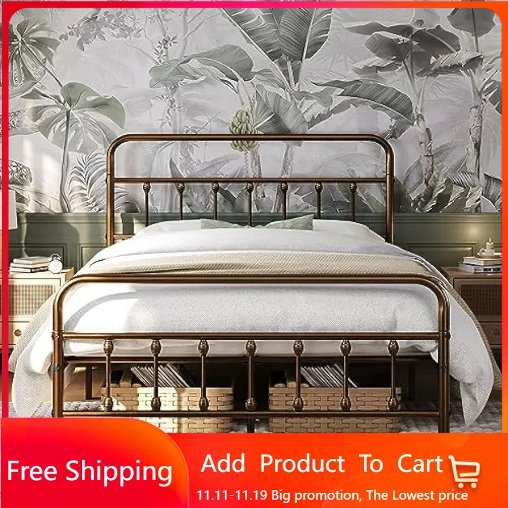 

Classic Metal Platform Bed Frame Mattress Foundation with Victorian Style Iron-Art Headboard/Footboard/Under Bed Stora