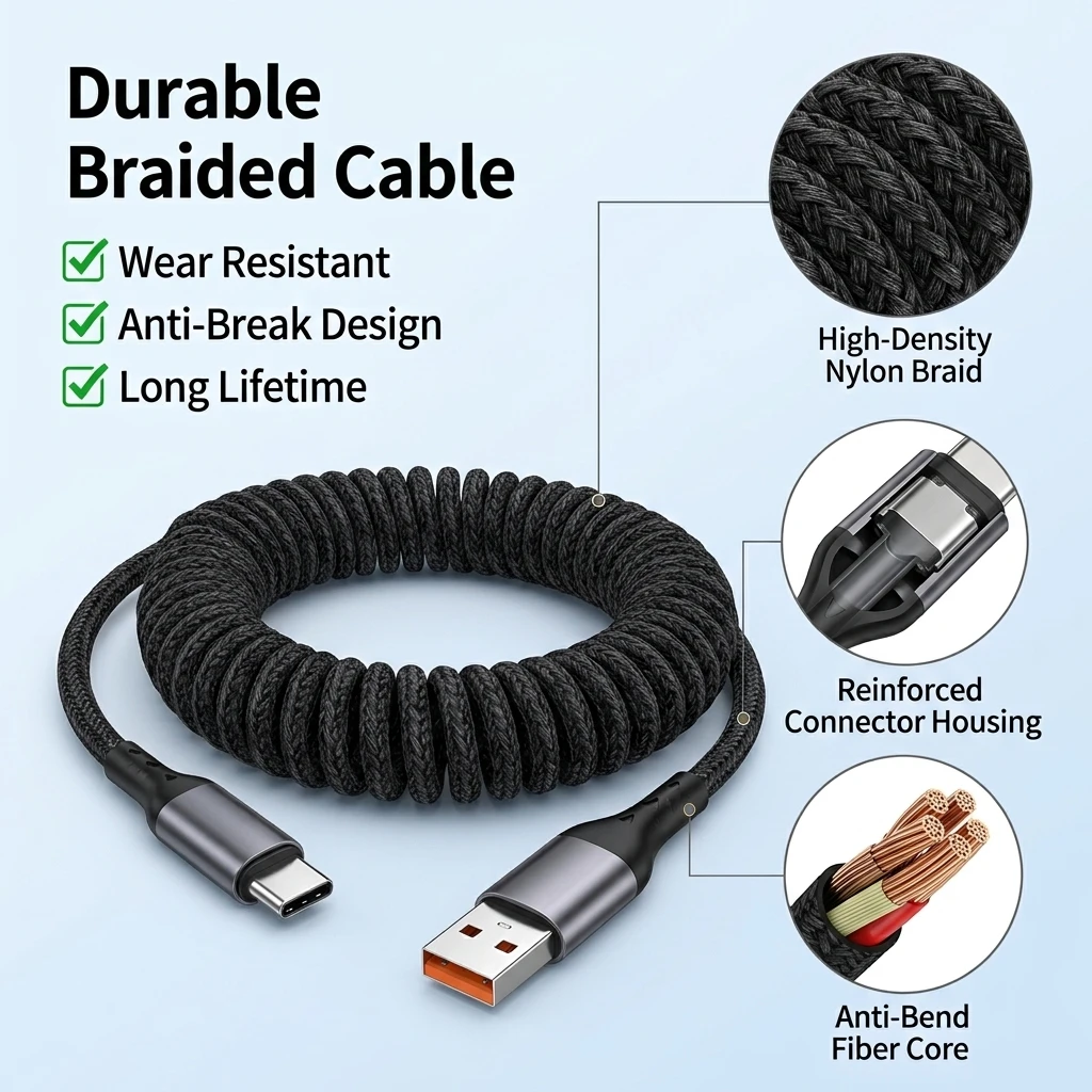 100W Fast Charging USB A Type C Spring Cable Retractable Car Charger Cable Nylon Braided Data Cord for iPhone Samsung Xiaomi