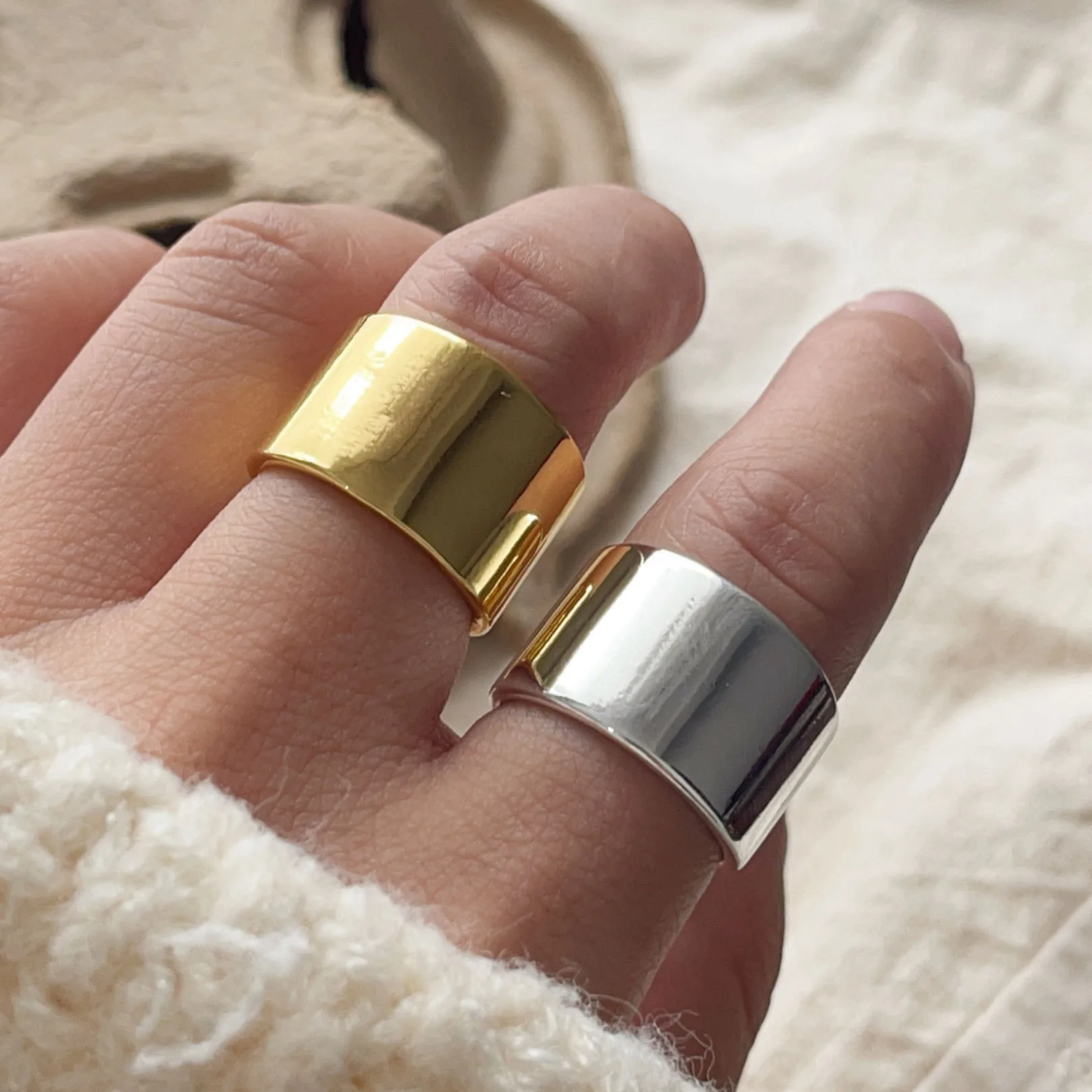 

925 Sterling Silver Rings For Women Geometric Fine Jewelry Finger Adjustable Smooth Gold Wide Ring For Party Birthday Gift