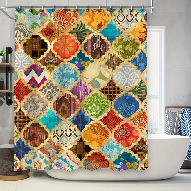 

Элегантность в богемном стиле: занавеска для душа с разноцветным геометрическим узором для винтажного и художественного декора ванной комнаты