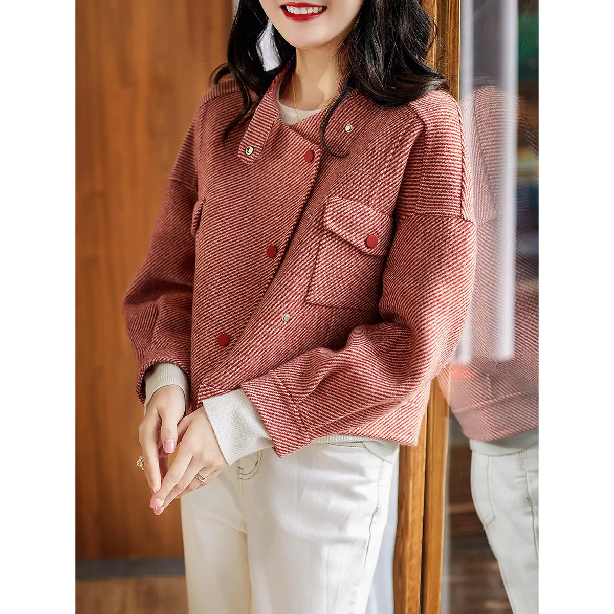 Modny płaszcz damski z dwustronnej wełny tweedowej, uniwersalny płaszcz z alpaki, stylowy płaszcz do pracy, długi płaszcz ze stójką.