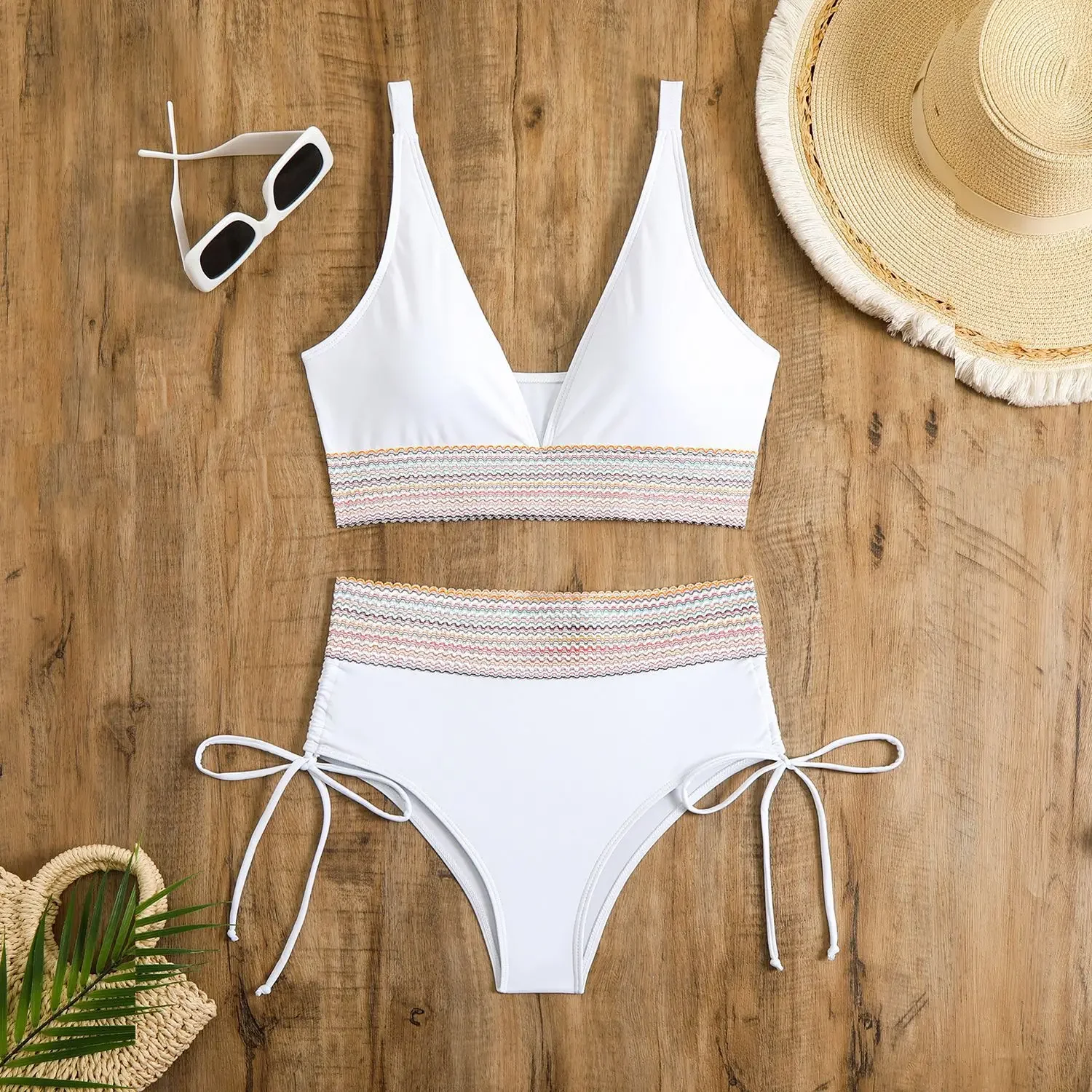 V-neck High Waist Bikini 2025 Sexy Solid Swimsuit Women Drawstring Swimwear Female Bathers Bathing Swimming Swim Suit Beachwear