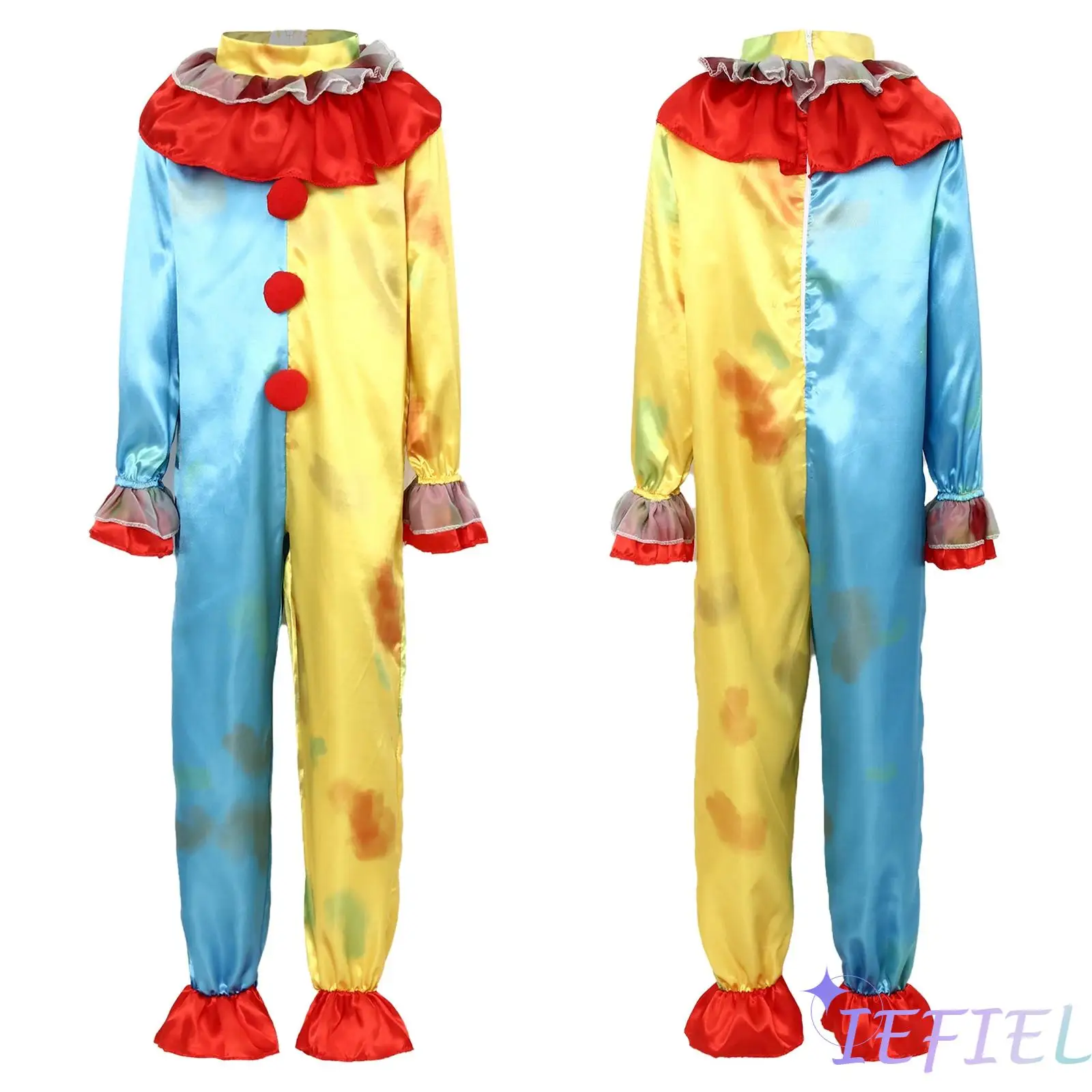 

Boys Halloween Jester Bodysuit Ruffled Collar Long Sleeve Back Zipper Clown Jumpsuit Elastic Cuffs for Stage Performance Cosplay