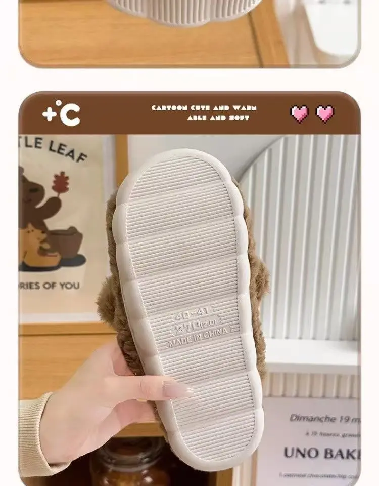 Damen-Winterhausschuhe im Bären-Design – mit Plüsch-Fleece gefütterte Hausschuhe, rutschfeste Outdoor-Slipper mit dicker Sohle und niedlichen Pfotenabdrücken – Detail 7
