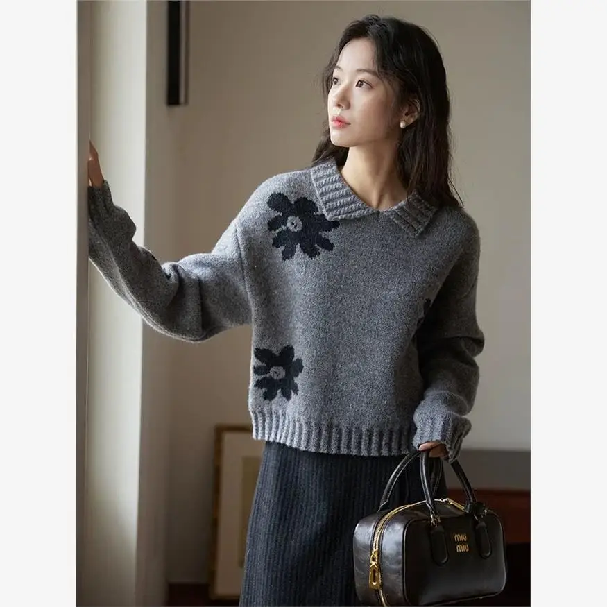 

Ретро-свитер женский вязаный с цветочным узором и воротником, утепленный, свободного кроя, осенне-зимний пуловер