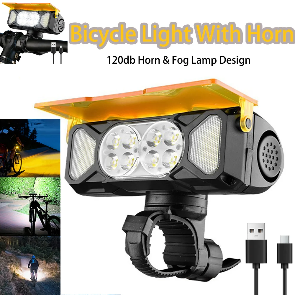 

New Bike LED Light with 120dB Horn Anti-Theft Vibration Alarm USB Charging 7 Gears Lighting High Brightness Waterproof Headlight