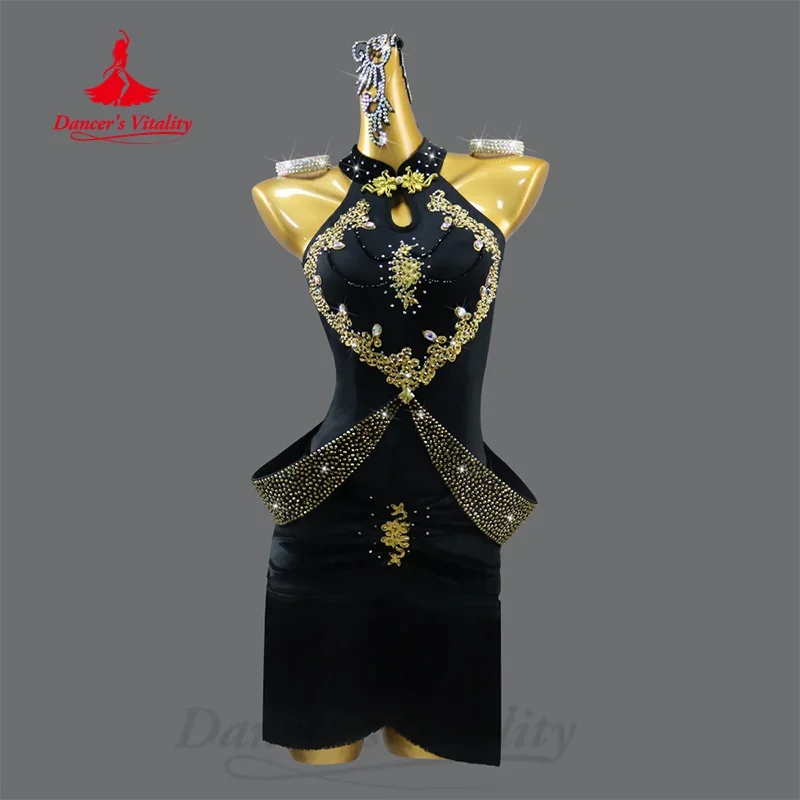 

Женское платье для латиноамериканских танцев, роскошное платье с бахромой и алмазной вышивкой по индивидуальному заказу, одежда для профессиональных выступлений