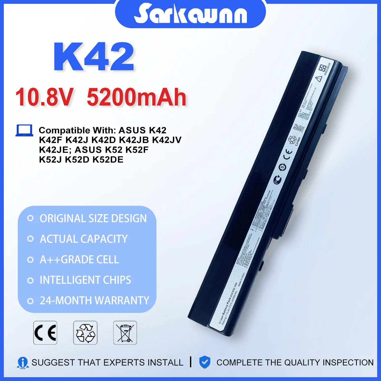 SARKAWNN K42 Laptop Battery For A42 K42 X42 A52 K52 X52 A42 A42E A42J A42JR a52 a52f a52j a52jb a52jk a52jr a52jr-x1