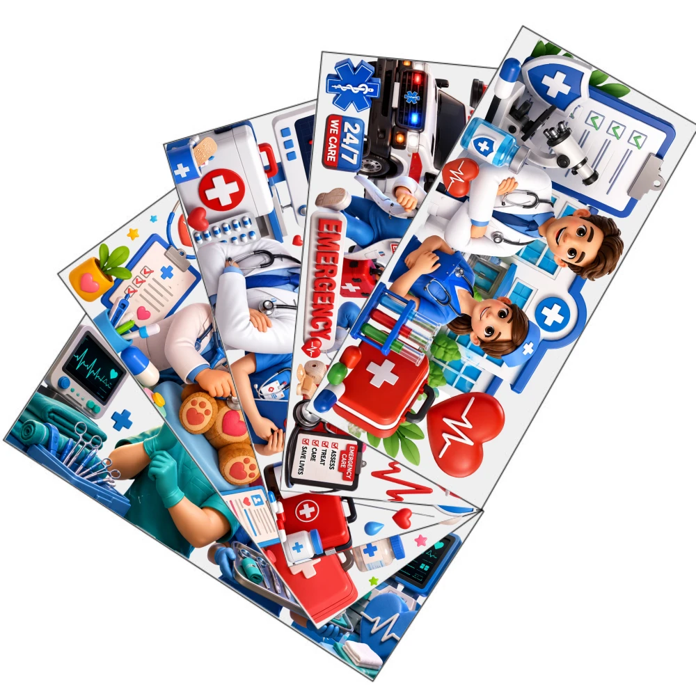 5 Sheets Cartoon Doctors And Teddy Bear UV DTF Stickers Waterproof Rub on Transfers Glass DTF Transfer Stickers UV DTF Transfer