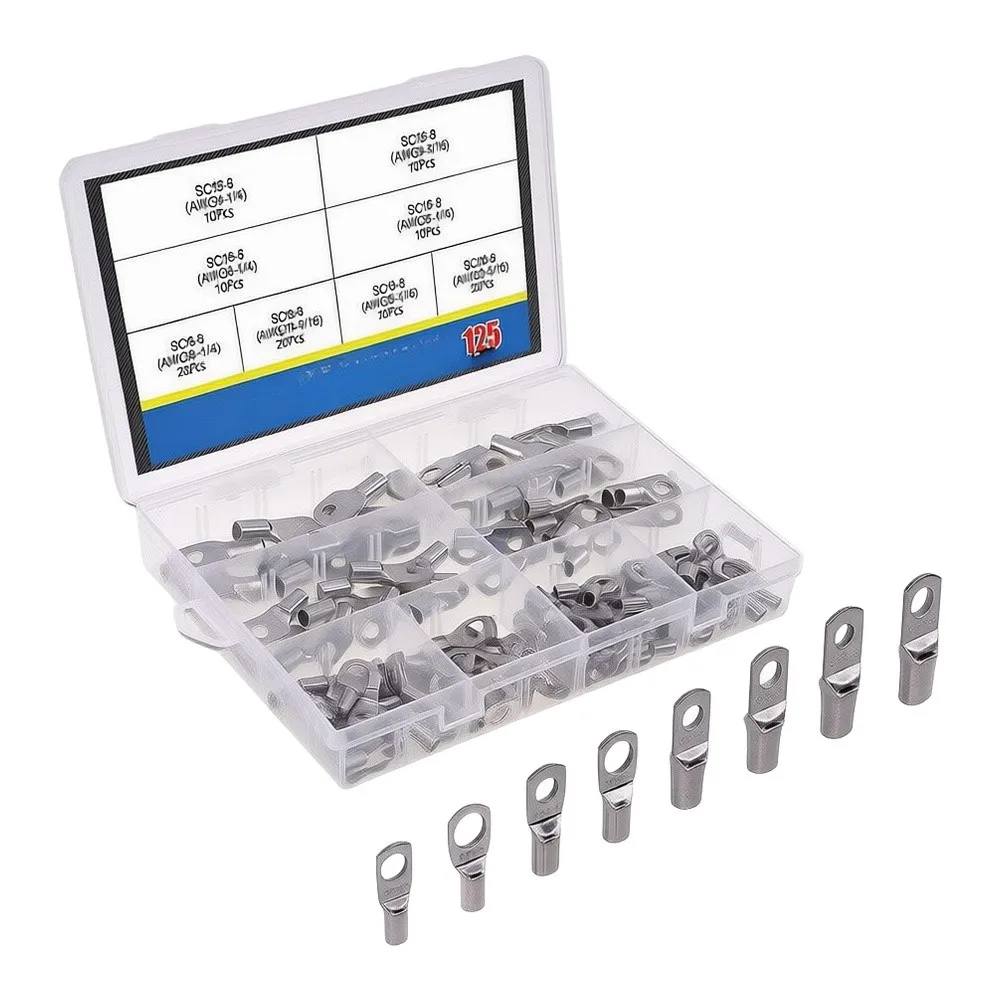 125pcs Tin Plated T2 Copper Wire Lugs Series for Vibration Resistant Crimping AWG4-AWG10 Industrial Applications