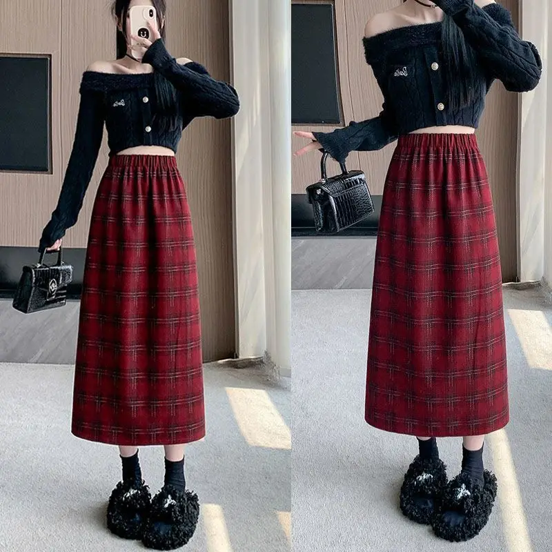 Checkered contrasting color casual half skirt women in autumn and winter elastic high waist slimming retro split A-line skirt