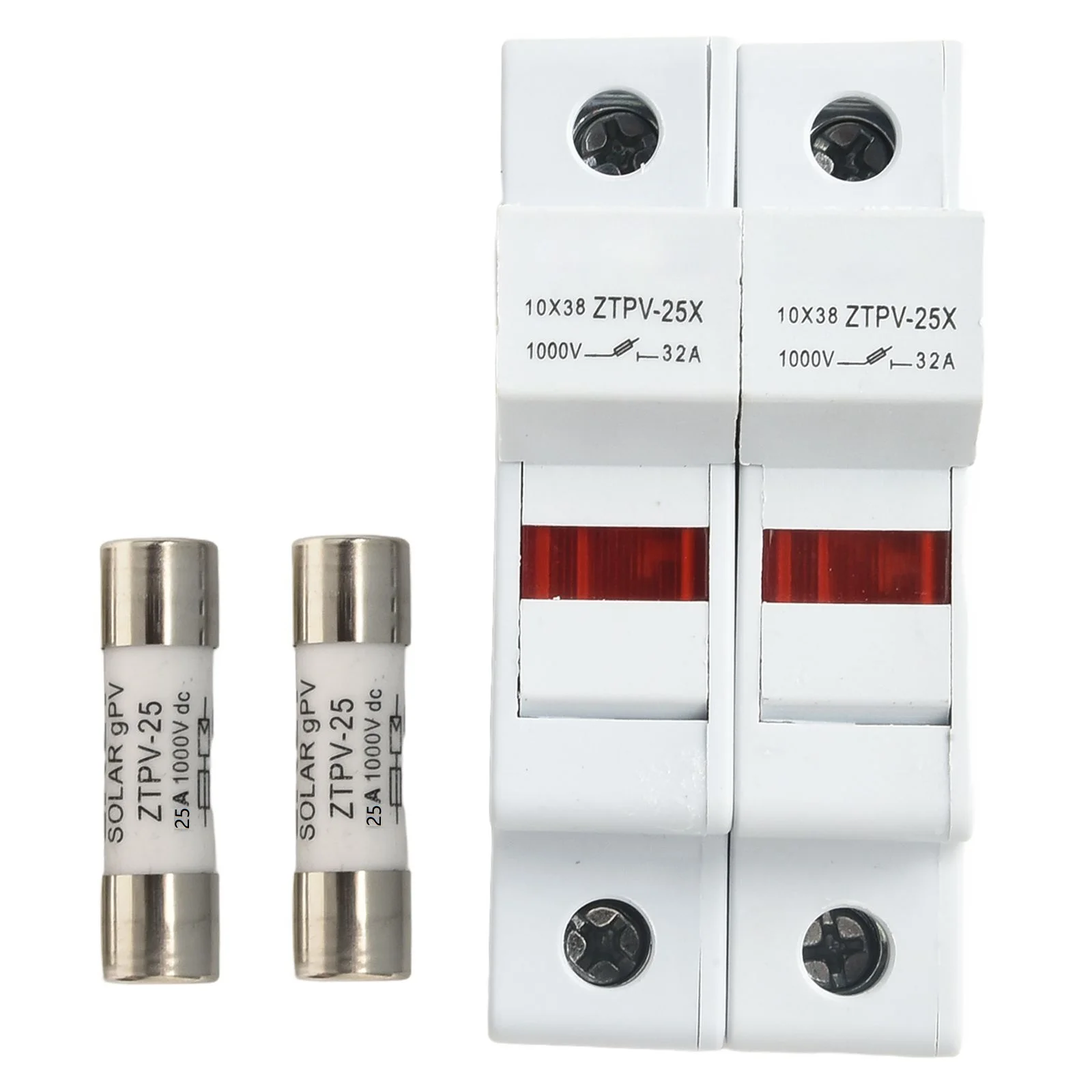1000V DC 2-Pole Fuse Holder For Solar Systems, 10x38mm Slot With LED Indicator, DIN Rail Mount, 16A-30A Compatible