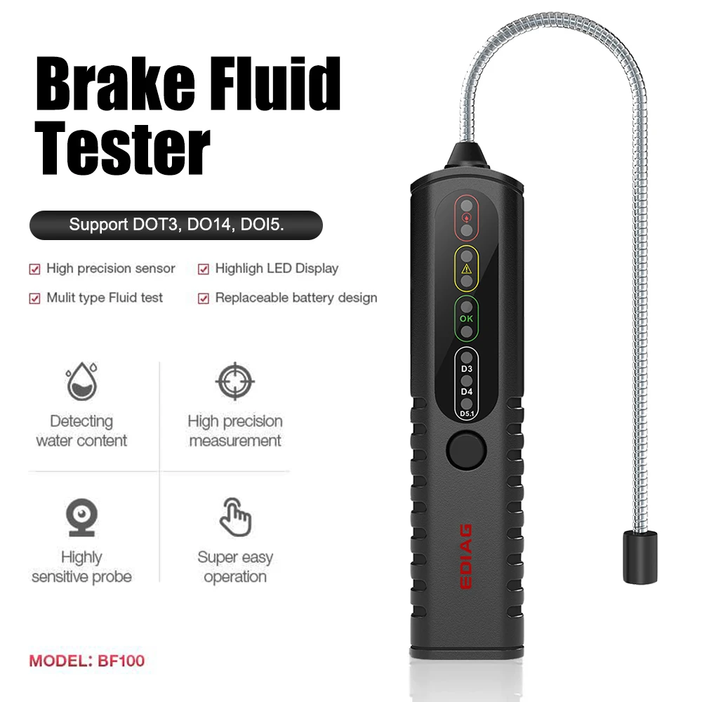 For DOT3/DOT4/DOT5.1 With Multiple LED Indicators Brake Fluid Tester High Sensitivity Probe BF100 Automotive Liquid Testing Tool