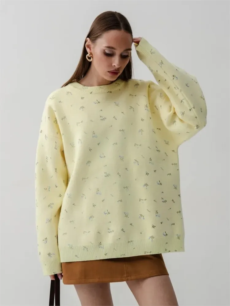 

New Autumn Winter Casual Women Floral Printed Loose Long Sleeve Knitted Sweaters, Chic Soft Pullover Jumper Tops, Y2k Knitwear