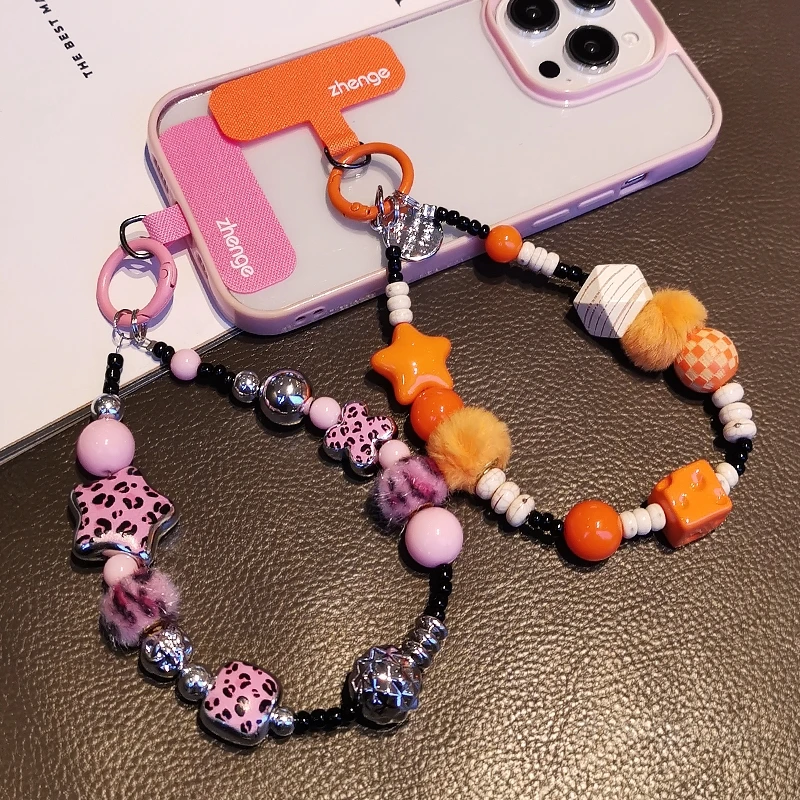 

Цепочка для мобильного телефона с леопардовым принтом, шерстяная цепочка с шариками, короткая, ремешок для мобильного телефона, модный тренд, новый продукт