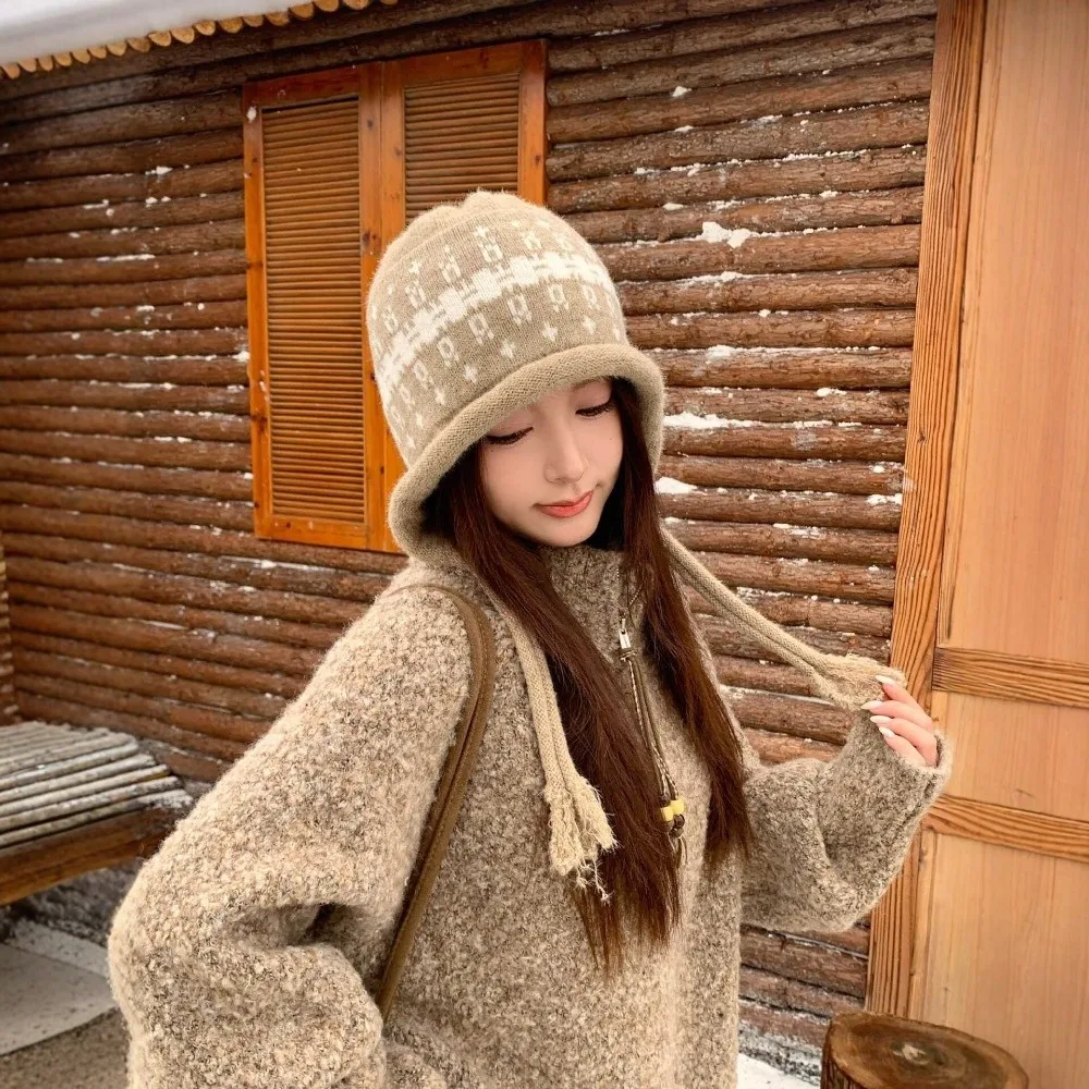 New Windproof Knit Hat Tassel Tie Warm Knit Women Beanie Stretch Fit Vintage Pattern Winter Hat Autumn Winter Daily Wear