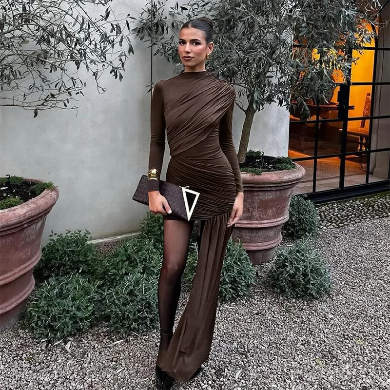 

XY25312DGOEuropean and American Autumn New Bodycon Dress with Ruched Design, Waist-Cinching, Elegant Ribbon Long Sleeve Dress fo