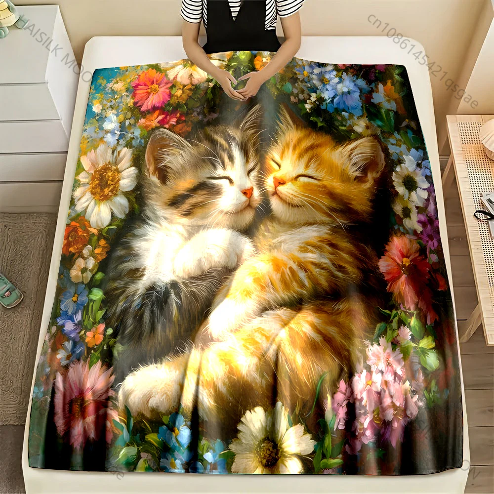 Multi-size Cats Surrounded By Flowers Pattern Blanket Flannel Material Soft Warm for All Seasons Home Outdoor Camping Picnics RV