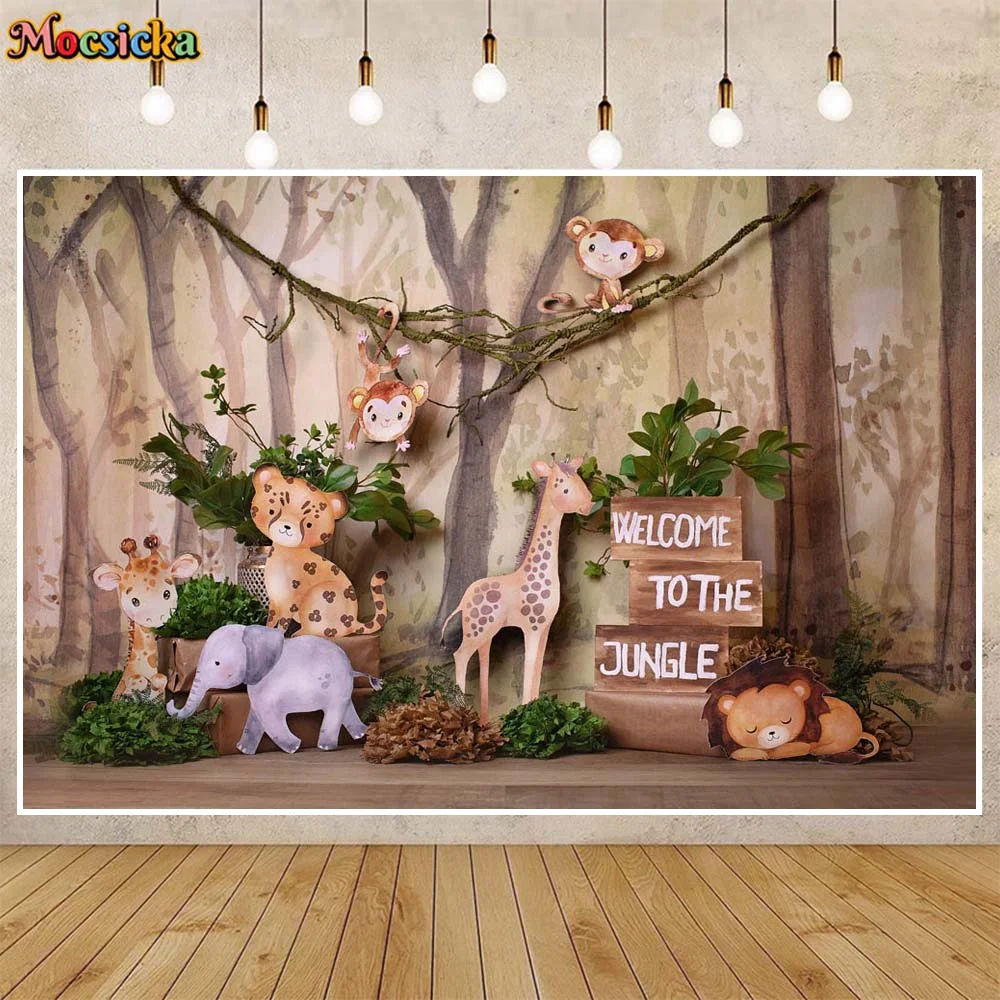 Mocsicka Baby 1st Birthday Backdrop Boys Cake Smash Party Decor Animal Welcome To The Jungle Photo Background Photo Studio Props