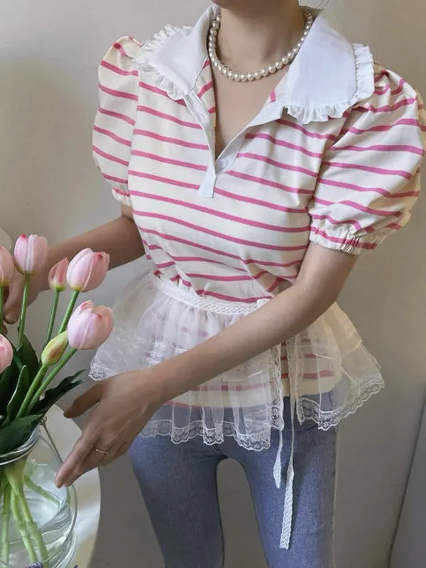 

Розовая полосатая эластичная футболка с короткими рукавами, воротником с рюшами и рукавами-фонариками, свободного кроя, повседневная одежда для женщин на лето.