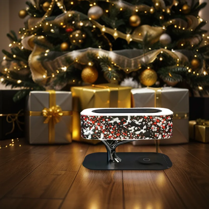 

A premium Chrismas bedside Lamp gifts with wireless phone charging bluetooth speaker creative Japanese Washi night light