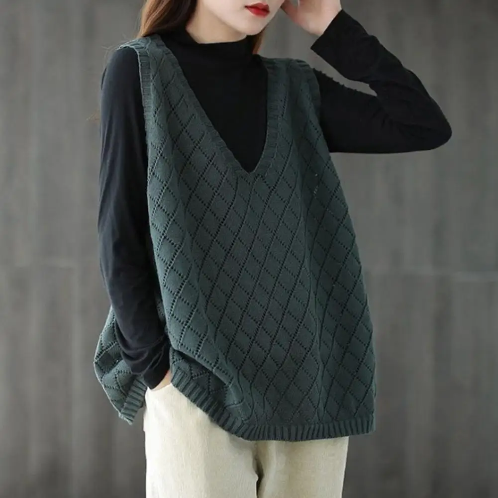 Spring Fall Women Vest Knitted Sweater Retro V Neck Loose Sleeveless Solid Color Pullover Hollow Out Rhombus Texture Daily Wear