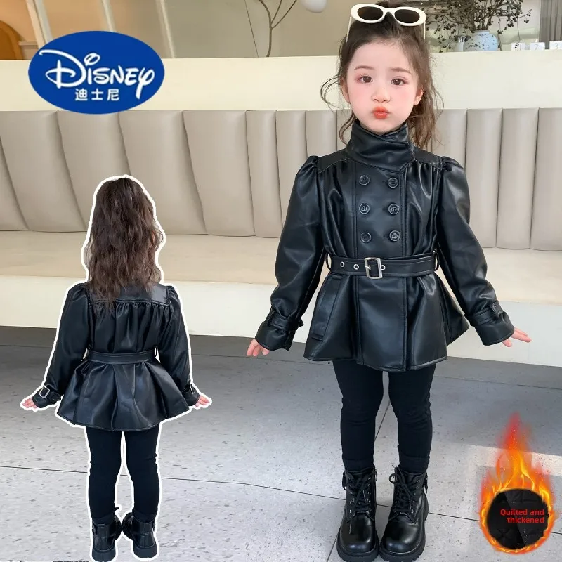 

Disney Girls' Faux Leather Jacket - Plush Lined Long Coat, Chic & Thickened Autumn Outerwear for 2025