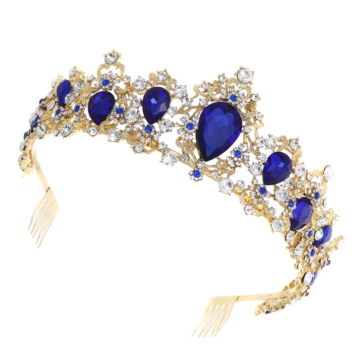 

1pc Crystal Rhinestones Bride Elegant Large Tiara For Wedding Party Cosplay Blue Free Size Lightweight Alloy Hair Accessory