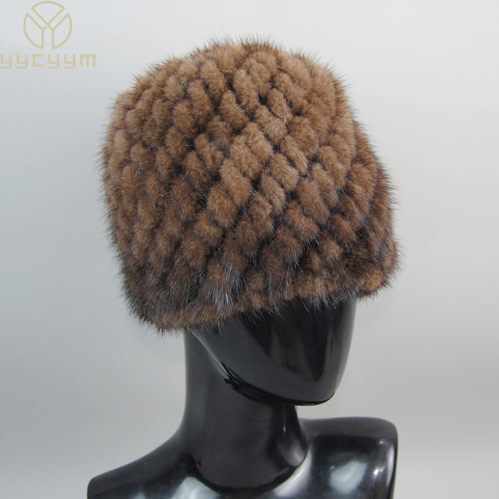 Russia New Winter Lady Natural Mink Fur Beanies Hat Knit Warm Striped Genuine Mink Fur Caps Women Good Elastic Real Mink Fur Hat